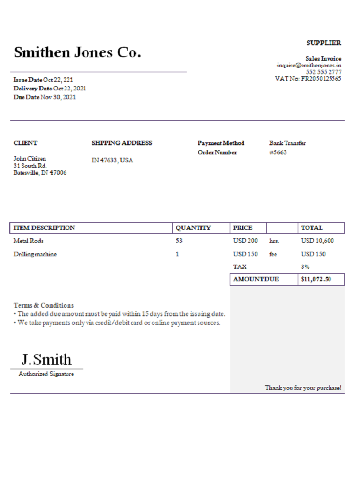 USA Smithen Jones Co. invoice PSD template